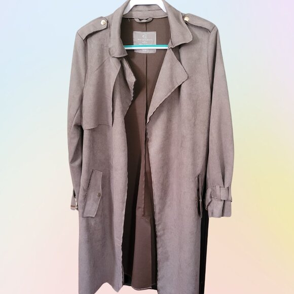 LOVE FOR HUMANITY Couture Microsuede Open Front Trench Coat Women's L NWT - Picture 1 of 9